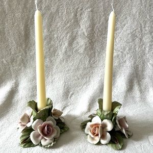Capodimonte Porcelain Rose Candle Holders (Pair)